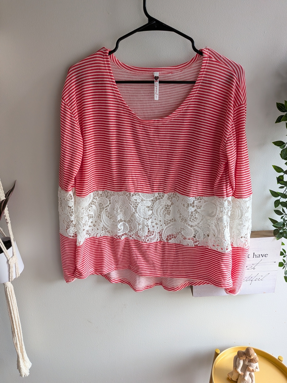 NWOT Poof! Y2K Boho Style Striped Pink Scoop-Neck Top with Lace Inset